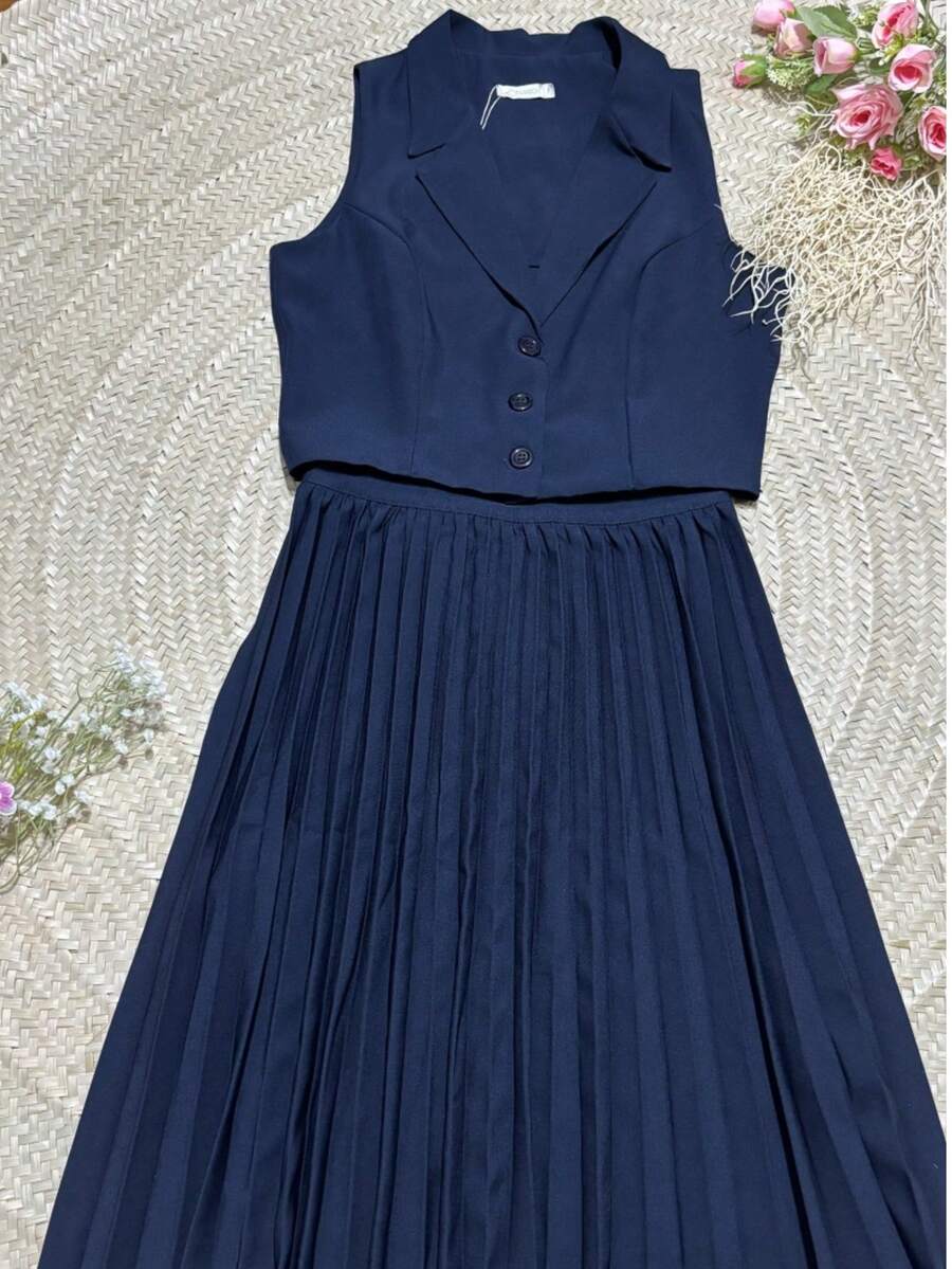 2 Piece Set: Vest, Suit And Pleated Skirt - Màu xanh hải quân - Xem 1