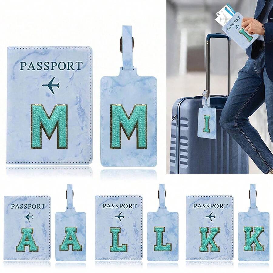 Passport Case And Baggage Tag Travel Accessories Personalised Initial With Name Monogram Luggage Portable Tag PU Leather For Suitcase Baggage Handbag Tags Travel Bag Label Tag Best Gift Passport Holder For Travel For Flight Passport Cover - Blue - View 1
