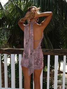 欧美海滩度假风格围脖领口系带修身性感印花迷你连衣裙