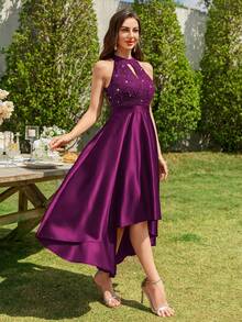 MIUSOL Halter Neck Sequin Floral Lace Contrast Satin High-Low Hem Evening Party Long Dress, Formal Evening Gown, Prom Dress, For Wedding Guest, Graduation, Dinner