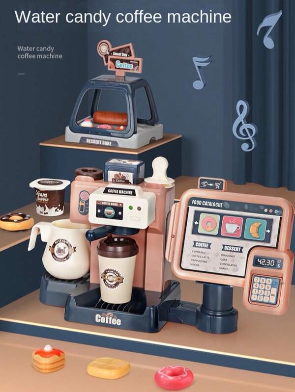Machine à café et dessert pour enfants - Kit de caisse enregistreuse et de machine à café - Jouet de cuisine pour enfants avec son et lumière - Cadeaux pour garçons et filles
