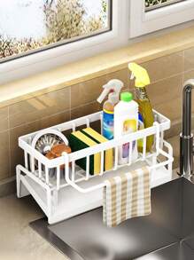 1pc Plastic Kitchen Storage Rack, Dishcloth Storage Hanging Rack, Sponge Cloth Organizer Holder, Stainless Steel Ball Sink Storage Rack, Kitchen Organizer