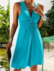 Women's V Neck Front Knotted Sleeveless Tank Dress Summer Solid Casual A Line Dress - 湖藍色 - 查看 3