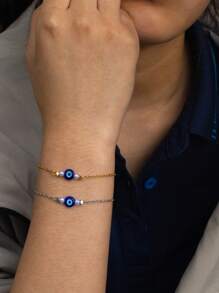 Conjunto de 2 peças de colar e pulseira de contas geométricas assimétricas minimalistas e modernas com mau-olhado em aço inoxidável, adequado para uso diário
