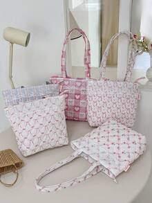 1 件大容量购物手提袋，带蕾丝装饰，可爱花朵和蝴蝶结图案单肩包，时尚绗缝设计手提包，轻便拉链手提包，女士旅行单肩包，带内袋，时尚双手柄钱包，适合购物、旅行、通勤、办公室、外出和学校，休闲购物袋，女童书包单肩包