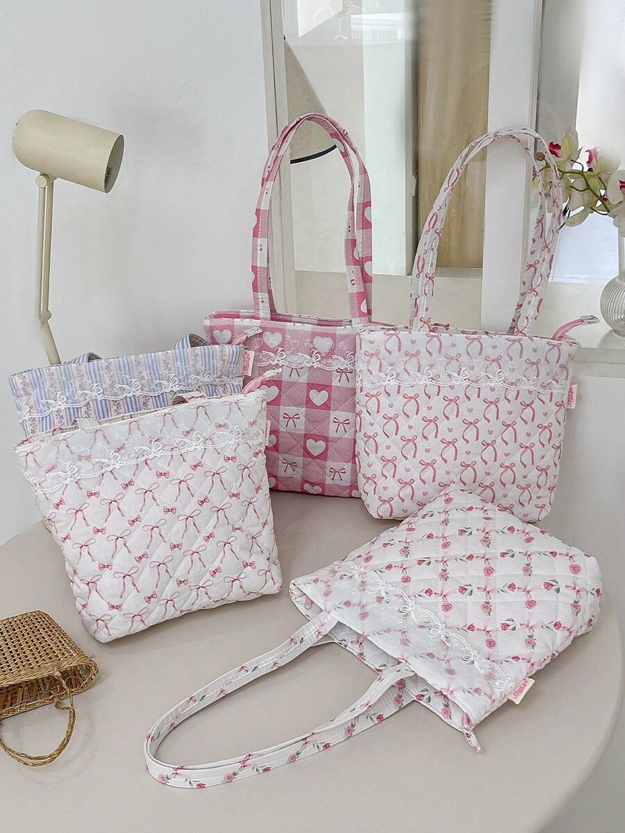 1 件大容量购物手提袋，带蕾丝装饰，可爱花朵和蝴蝶结图案单肩包，时尚绗缝设计手提包，轻便拉链手提包，女士旅行单肩包，带内袋，时尚双手柄钱包，适合购物、旅行、通勤、办公室、外出和学校，休闲购物袋，女童书包单肩包