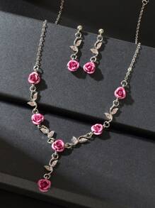 Elegant Anniversary Wedding Jewelry Set Silver Chain Flower Pendant Necklace Dangle Earrings