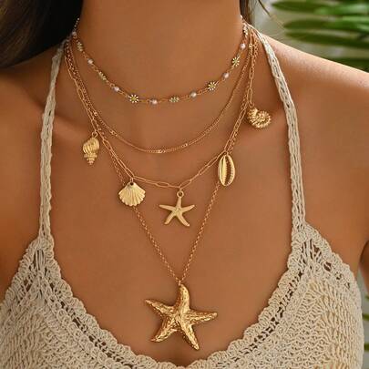 4pcs/Set Summer Bohemian Daisy Handmade Chain Alloy Starfish Shell Pendant, Multi-Layer Necklace For Women, Suitable For Daily Outfit And Beach Vacation Photo Shoot. Chain Length Customizable