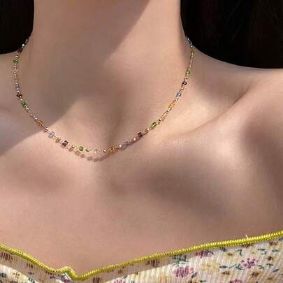 Colorful Dopamine Crystal Necklace For Women, Delicate Collarbone Niche Chain