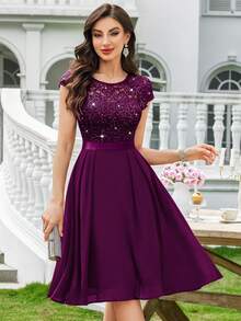 MIUSOL Sequin Floral Lace Chiffon Ruched Cocktail Party Swing Dress Wedding Guest Dress Prom Dress - Maroon - View 4