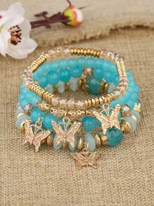 4pcs/Set Bohemian Elegant Delicate Butterfly Charm Beaded Bracelet Set, Suitable For Women's Daily Decoration