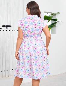 Women's Plus Size Summer Floral Midi Dress V-Neck A-Line Dress Ruffled Cap Sleeves Belt Dresses With Pocketed Casual Outfit - 紫色 - 查看 6