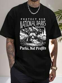 Camiseta con estampado "Protejamos nuestros parques nacionales, no los parques para perros, no a las ganancias" Camiseta casual de cuello redondo de manga corta para hombres, prenda de vestir cómoda para primavera y verano - Negro - Ver 1