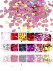 12色3D心形爱心美甲亮片套装，情人节专属 - 3毫米和5毫米金色、银色、红色激光亮片，闪光全息装饰美甲，情人节春季DIY美甲亮片（12色）美甲用品 - 彩色 - 查看 4