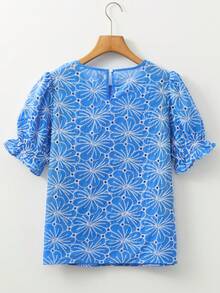 Acelitt Sky Blue Floral Embroidery Ruffle Hem Petal Sleeve Blouse, Summer - Blue - View 5