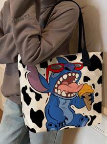 Disney 1 pieza (Autorizado por Disney) Bolsa de lona de gran capacidad con un solo hombro con diseño de la serie de dibujos animados a rayas de Stitch, estilo japonés.