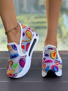 2026春夏新款女士厚底运动鞋，轻便时尚，百搭厚底网面透气平底休闲鞋（鞋面图案随机） - 白色 - 查看 2