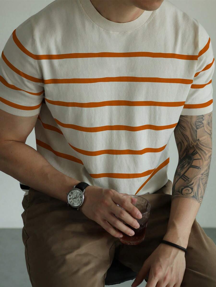 Sweater Rajut Lengan Pendek Kasual Leher Bulat Motif Garis-garis untuk Pria - Jeruk - View 1