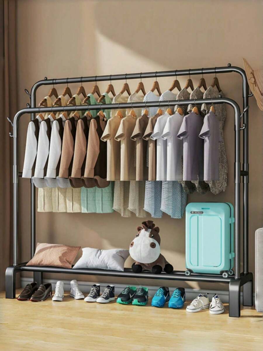 1PC Freestanding Hanger Double Pole Multi-Functional Bedroom Clothing Rack,Metal Clothes Hanger Organizer And Black Clothes Stand With Wheels - Multicolor - View 1