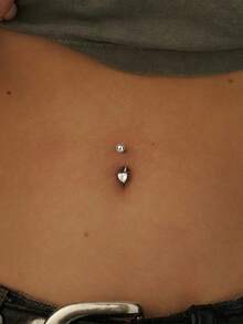 1 件简约锆石心形不锈钢肚脐环，性感户外海滩度假肚脐穿孔