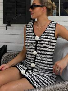 Women's Dresses Women's Summer Dresses Women's Tank Top Women's Elegant Vacation Wear Women's Beachwear Women's Black Dresses Black And White Stripes Clashing Color Stereoscopic White Roses Spring/Summer Fashion Elegant And Comfortable Casual Vacation Traveling Party Women's Knowledgeable Slimming Hollow Semi-Transparent V-Neck Sleeveless Short Dresses Women's Knitted Dresses