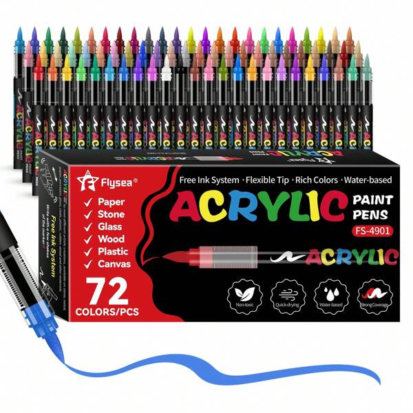 FLYSEA 72pcs Acrylic Paint Markers With Soft Brush Tips, Acrylic Paint Pens For Canvas, Rocks, Wood, Stone, Glass, Ceramic, Fabric Painting, DIY Crafts