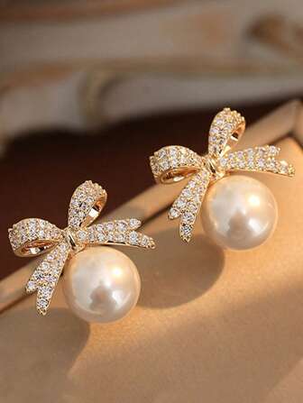 1 par de Pendientes florales con lazo y perlas falsas, diseño de moda adecuado para niñas, una opción de regalo ideal