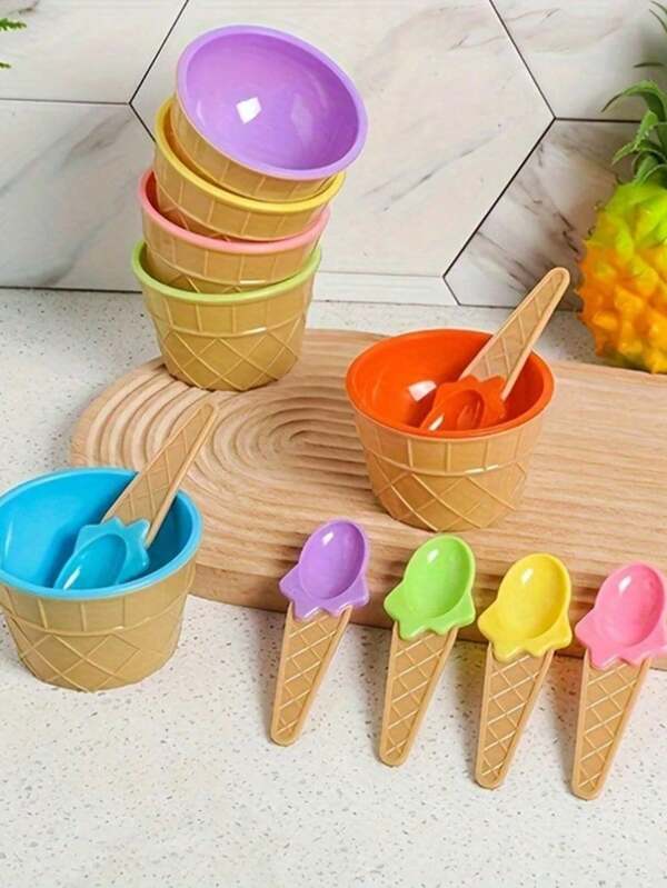 1/3 Stücke Set zufällige Farben Eiscreme Schalen, beinhaltet Eiscreme Löffel und Schüssel, Eiscreme geformter Löffel, doppelte Isolationsschicht, rutschfest und leicht zu reinigen, geeignet für Eiscreme, Süßigkeiten, Snacks, süße Eiscreme Schale