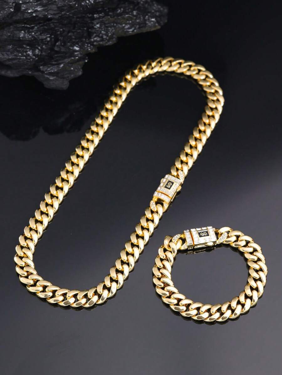 2pcs CVNANA Gold-Plated Men's Cuban Link Necklace & Bracelet Set, Punk Style Unisex Hip Hop Luxury Neck Chain Jewelry Set, Elegant Christmas Gift, Fashion Necklace, Perfect For Birthday, Valentine's Day, Father's Day