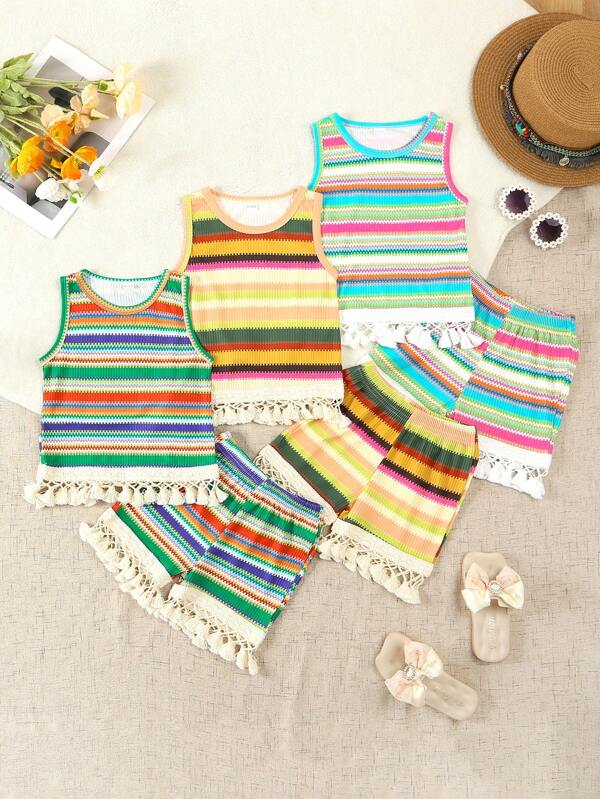Baby Summer Dopamine Color Floral Tassel Decor Tank Top And Shorts Set, Cute Striped Shorts, Multi-Piece Outfit
