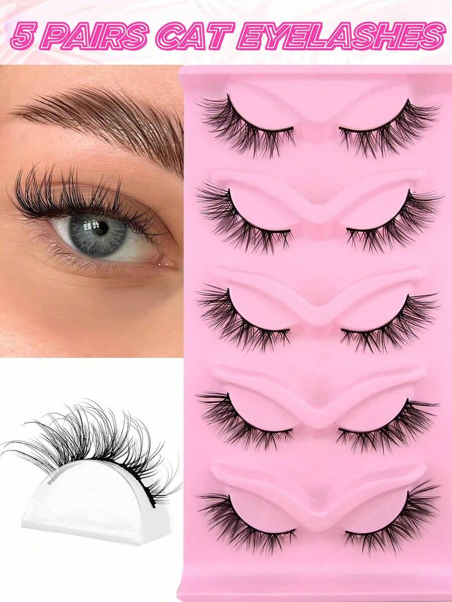 5 Pairs Cat Eye Makeup False Eyelashes, 15mm Long Tail, Fox Eye False Lashes, Fluffy Faux Mink Strip Eyelashes - Black - View 1