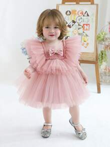 Baby Mädchen Pailletten Schleife Tüll Kurzarm Elegantes Kleid, Prinzessinnenkleid geeignet als Geschenk zum 1. Geburtstag, für Bankette, Partys, Hochzeiten als Blumenmädchen Outfit