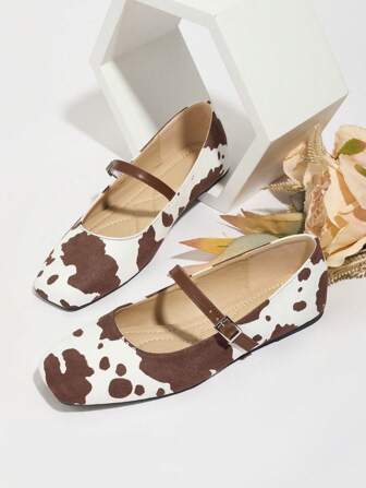 Cow Print Mary Jane Shoes For Women, Casual Low-Cut Square Toe Strap Flat Shoes, Summer Outdoor Style