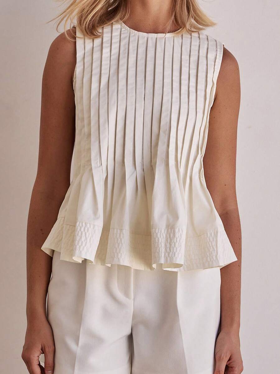 Women Summer Babydoll Tank Tops Casual Sleeveless Crewneck Pleated Ruffle Vest Fashion Loose Fit Peplum Blouse Y2K - 白色 - 查看 1