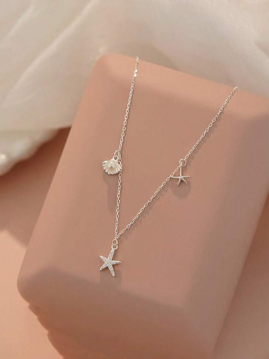1 mặt dây chuyền hình vỏ sò, sao biển và ngọc trai bằng bạc Sterling 925, dây chuyền đính đá Cubic Zirconia, món quà trang sức thanh lịch dành cho phụ nữ, phù hợp cho đi biển, dự tiệc, kỳ nghỉ và đeo hàng ngày. - Bạc - Xem 1