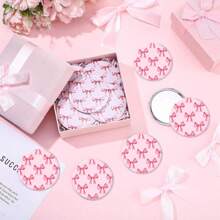 1/3/5/10Pcs Pink Bow Compact Mirror Bulk 2.76 Inch Portable Round Pocket Makeup Travel Mirror Aesthetic Preppy Gift For Women Mom Shower Bridal Bachelorette Party Decoration Home Decor Back To School Room Decor School Supplies