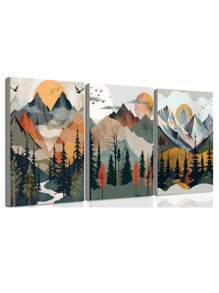 1/3pcs Frameless Canvas Poster, Modern Art, Mountains, Forests, Sun, White Clouds, Birds, Natural Scenery, Bohemian Art Oil Painting Poster, Bedroom, Living Room, Dining Room, Kitchen, Study, Bathroom, Corridor, Bar, Coffee Shop, Dormitory Decoration, Ideal Gift For Winter, Wall Art, Wall Decoration, Home Decor, Room Decoration Canvas Painting Gifts Birthday Graduation