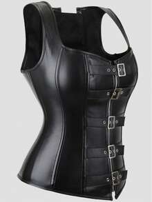 Dark Punk Style Corset Camisole With Multi-Button Front Zipper + Back Lace-Up Design, Suitable For Daily / Party / Halloween Outfits - Black - View 3
