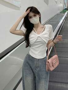 方领短袖蝴蝶结T恤，修身修身上衣 - 白色 - 查看 5