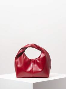 时尚不对称扭纹方形手提包、复古仿皮女式托特包、女士工作包、简约褶皱钱包 - 紅色 - 查看 1