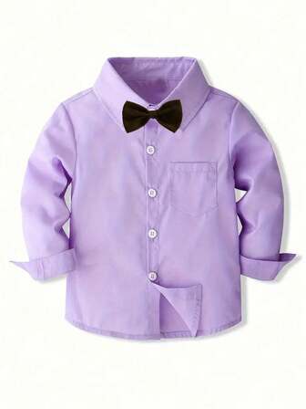 青少年男孩正式长袖翻领绅士白色正装衬衫，配领结，经典上衣，适合派对、婚礼、节日礼物