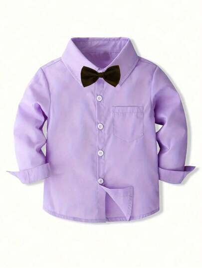 Tween Boys Formal Long Sleeve Lapel Gentleman's White Dress Shirt With Bow Tie, Classic Top For Party, Wedding, Holiday Gift