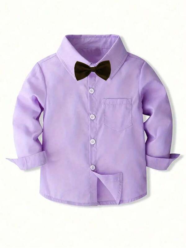 Tween Boys Formal Long Sleeve Lapel Gentleman's White Dress Shirt With Bow Tie, Classic Top For Party, Wedding, Holiday Gift