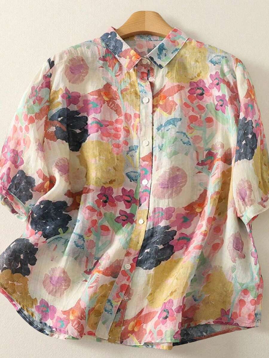 Plus Size Women's Short Sleeve Button-Down Blouse With All-Over Floral Print Lapel Collar - Casual Daily/Festival/Travel Outfits For Spring Summer Fall Evening Occasions