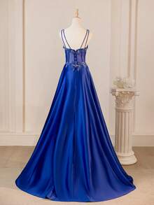 Navy Blue Vintage Sleeveless Deep V-Neck Luxury Lace Embroidery, Waist Mesh Hollow Out Semi-Sheer Dress, Full Hem, Elegant Birthday Or Evening Gown, Formal, Party Dress, For Wedding Guest