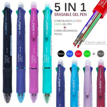 2 件套 5 合 1 多色可擦凝胶笔套装，可消除错误，4 色圆珠笔可更换笔芯 0.5 毫米自动铅笔芯橡皮擦办公文具、学校用品、返校