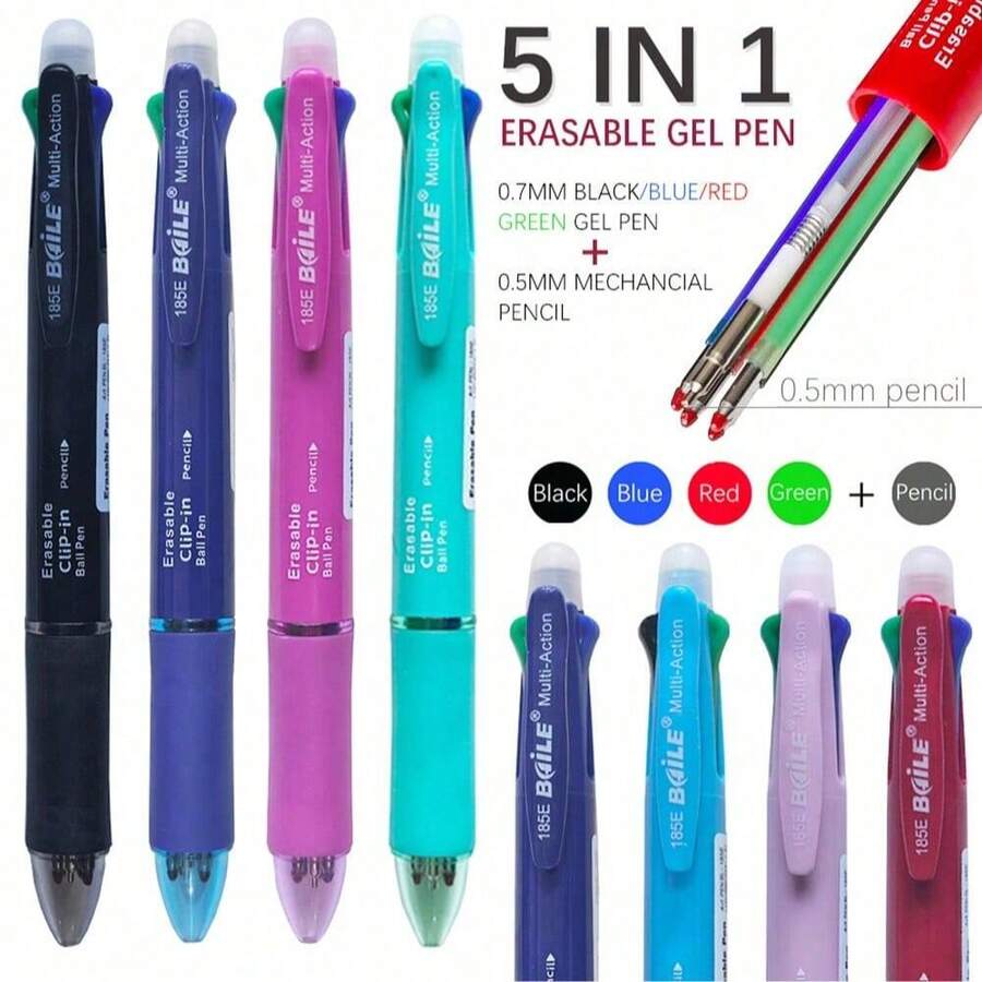 2 件套 5 合 1 多色可擦凝胶笔套装，可消除错误，4 色圆珠笔可更换笔芯 0.5 毫米自动铅笔芯橡皮擦办公文具、学校用品、返校