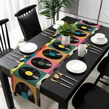 Retro Vinyl Record Design Polyester Table Runner - Woven, Rectangular, Decorative Tablecloth Suitable For Seasonal Kitchen Decor, Indoor Room Renovation And Outdoor Gathering