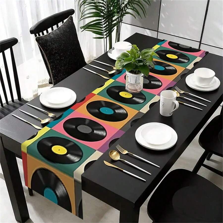 Camino de mesa de diseño de disco de vinilo vintage, de poliéster, duradero, rectangular, mantel decorativo, adecuado para decoración de cocina estacional, renovación de habitaciones interiores y decoración de fiestas al aire libre - Multicolor - Ver 1