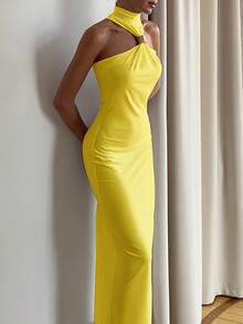 High Neck Sleeveless Fitted Long Party Dress, Spring/Summer - Yellow - View 3
